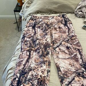 . Button closure thin cotton poly pants with camo print